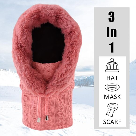 Women Pink Polyester Warm Thick Fluff Beanie Adult Neck Face Winter Balaclava - Picture 4 of 7